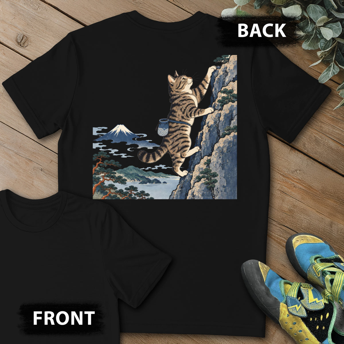 Cat Woodblock Climb Backprint Tee in Black — flat lay mockup