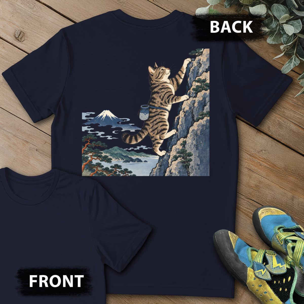 Cat Woodblock Climb Backprint Tee in Navy — flat lay mockup