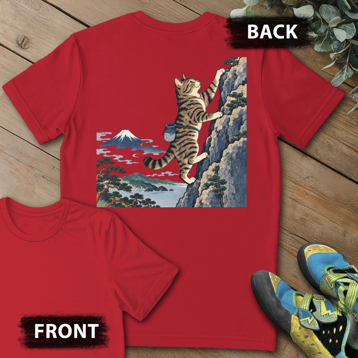 Cat Woodblock Climb Backprint Tee in Red — flat lay mockup