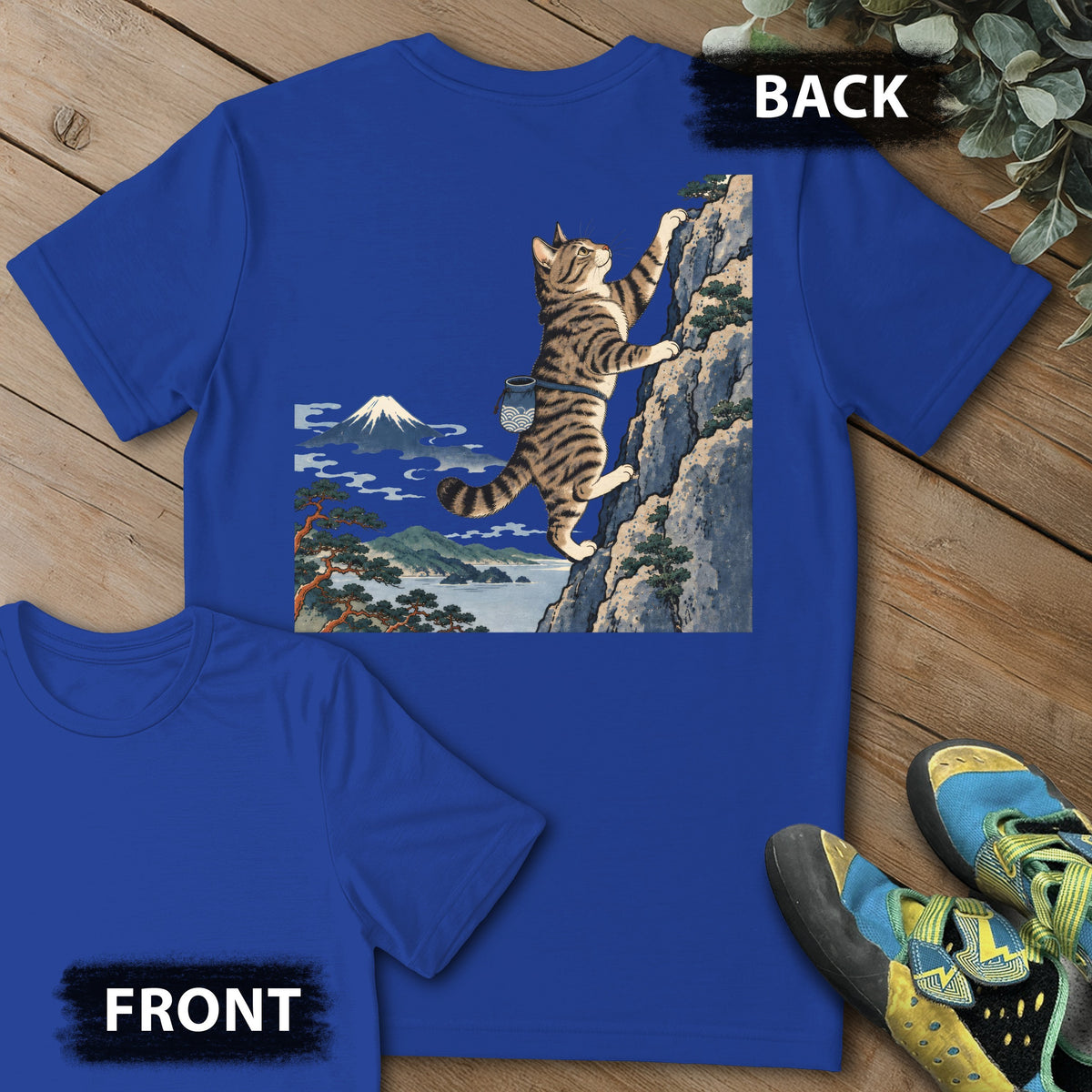 Cat Woodblock Climb Backprint Tee in Royal — flat lay mockup