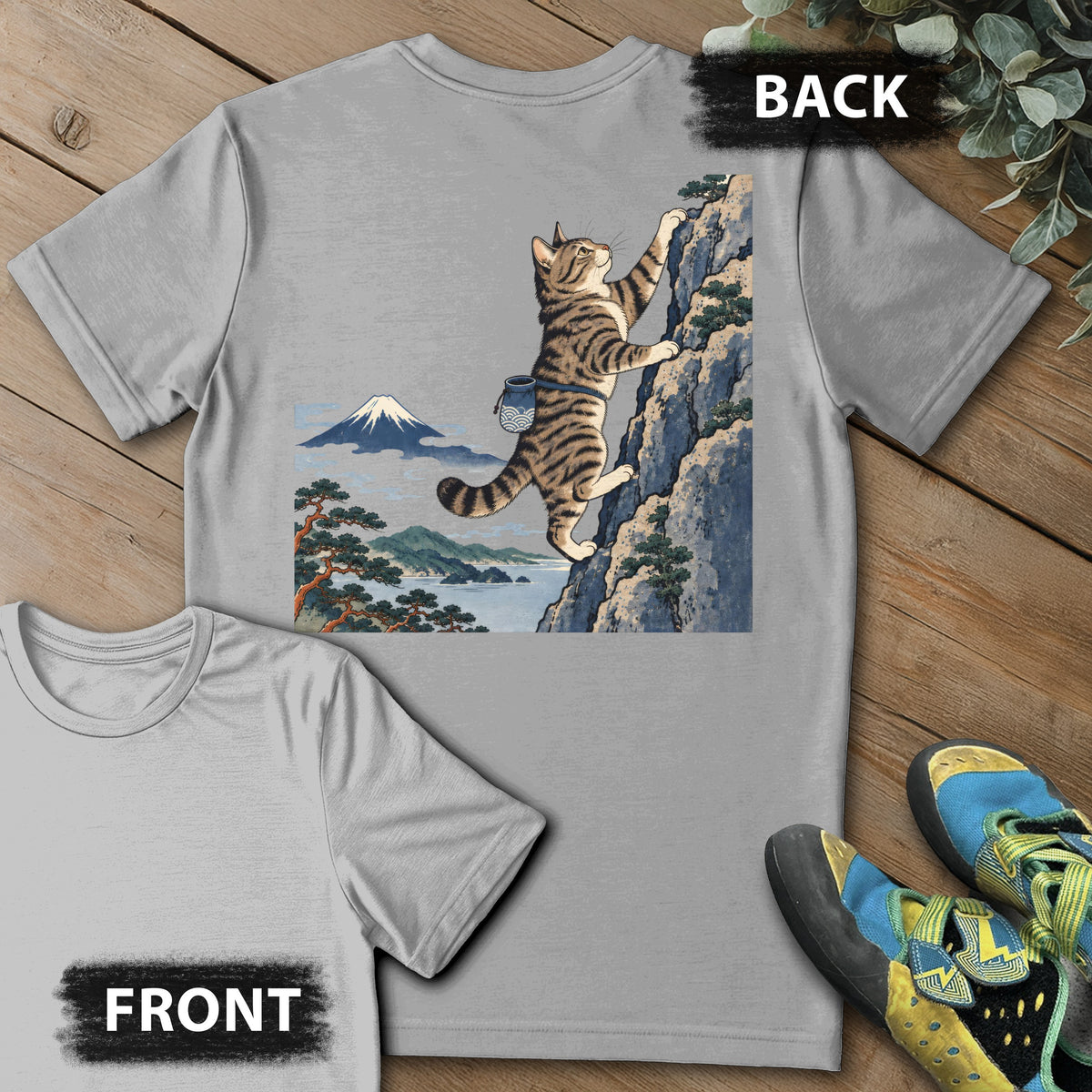 Cat Woodblock Climb Backprint Tee in Sport Grey — flat lay mockup