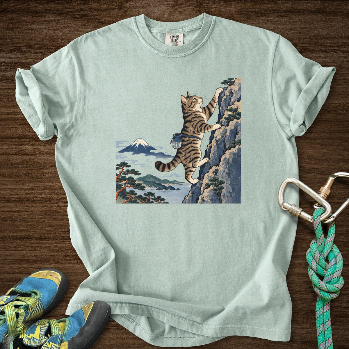 Cat Woodblock Climb Premium in Bay — flat lay mockup