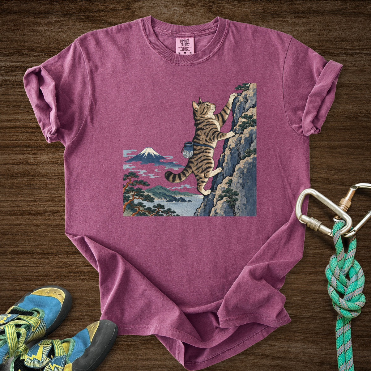 Cat Woodblock Climb Premium in Berry — flat lay mockup