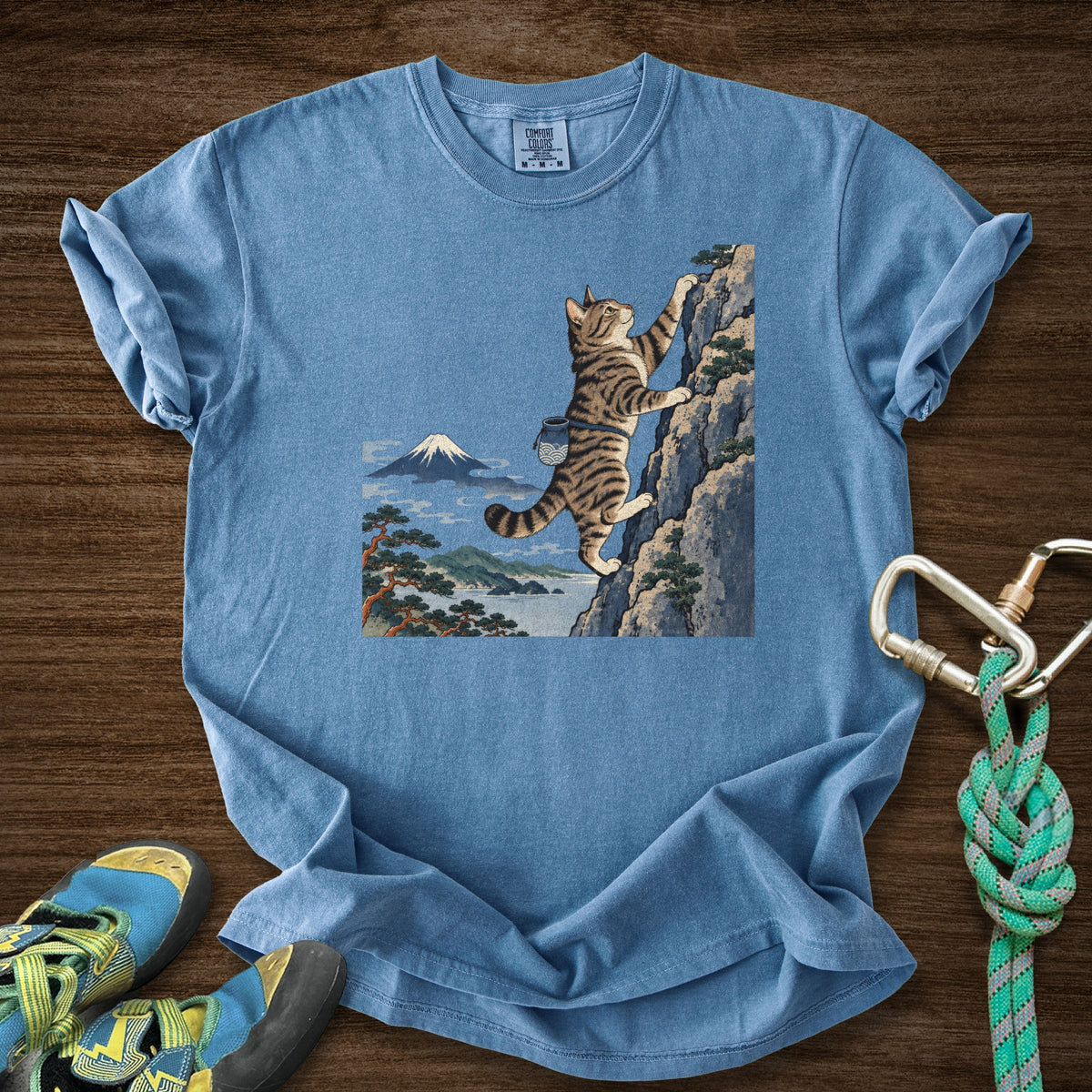 Cat Woodblock Climb Premium in Blue Jean — flat lay mockup