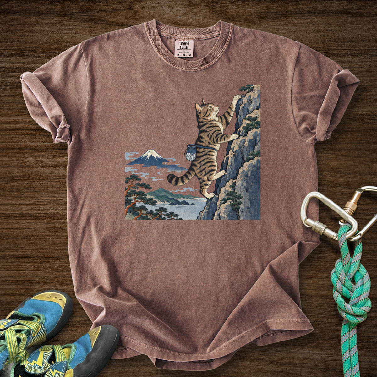 Cat Woodblock Climb Premium in Espresso — flat lay mockup