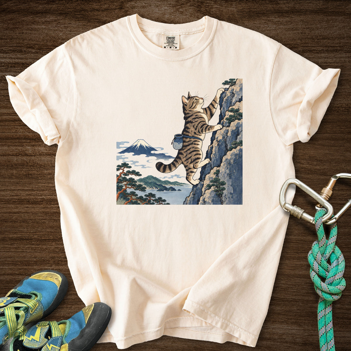 Cat Woodblock Climb Premium in Ivory — flat lay mockup