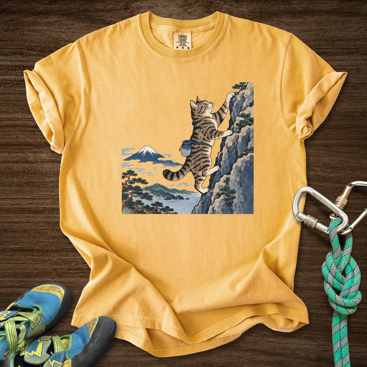 Cat Woodblock Climb Premium in Mustard — flat lay mockup