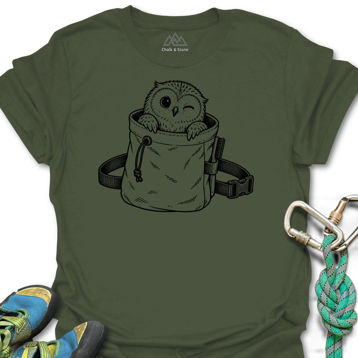 Chalk Bag Owl Tee in Military Green — flat lay mockup