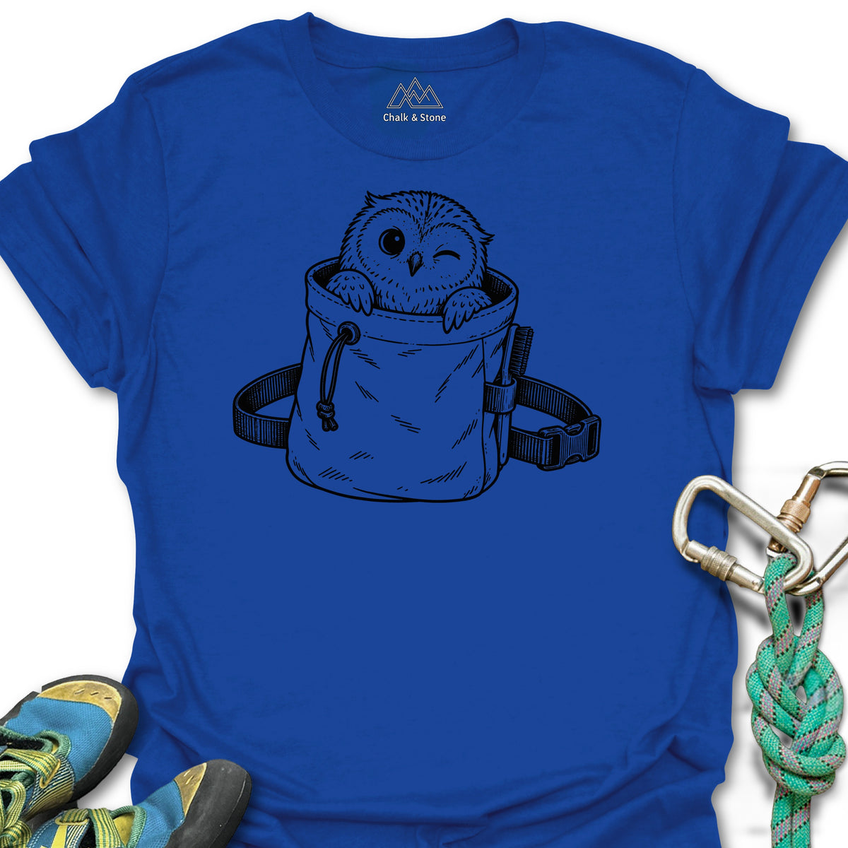 Chalk Bag Owl Tee in Royal — flat lay mockup