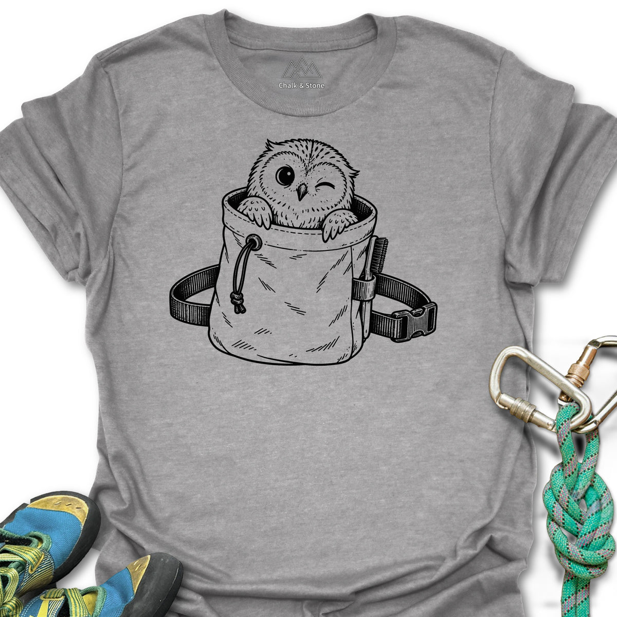 Chalk Bag Owl Tee in Sport Grey — flat lay mockup