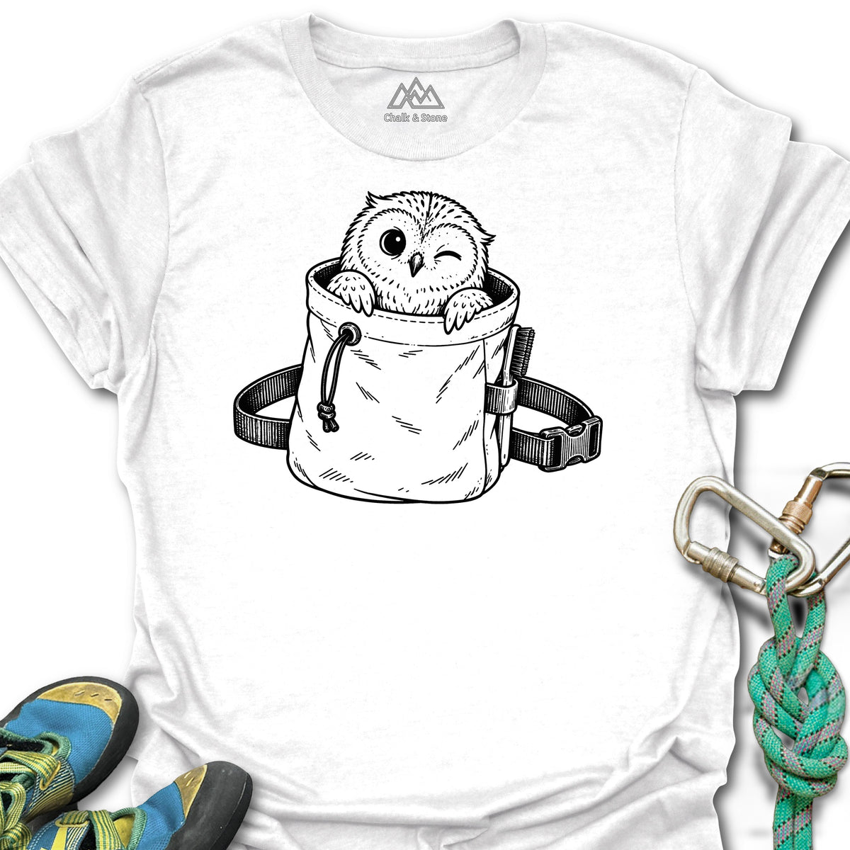 Chalk Bag Owl Tee in White — flat lay mockup