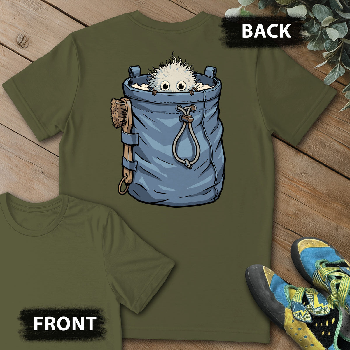 Chalk Ball Peek Backprint Tee in Military Green — flat lay mockup