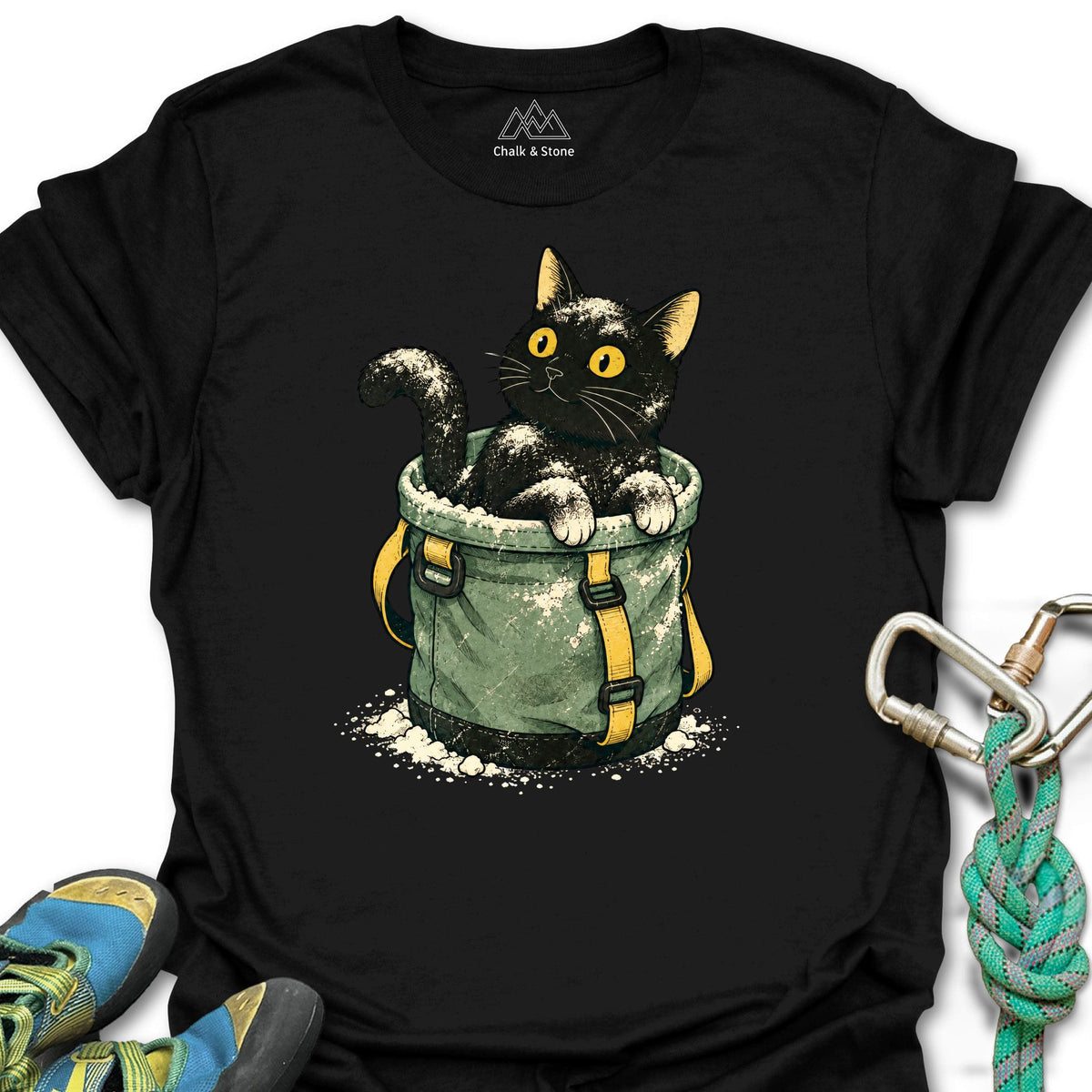 Chalk Bucket Cat Tee in Black — flat lay mockup