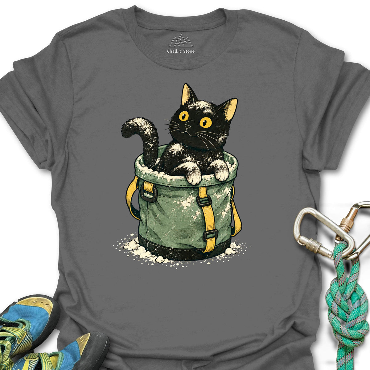 Chalk Bucket Cat Tee in Charcoal — flat lay mockup