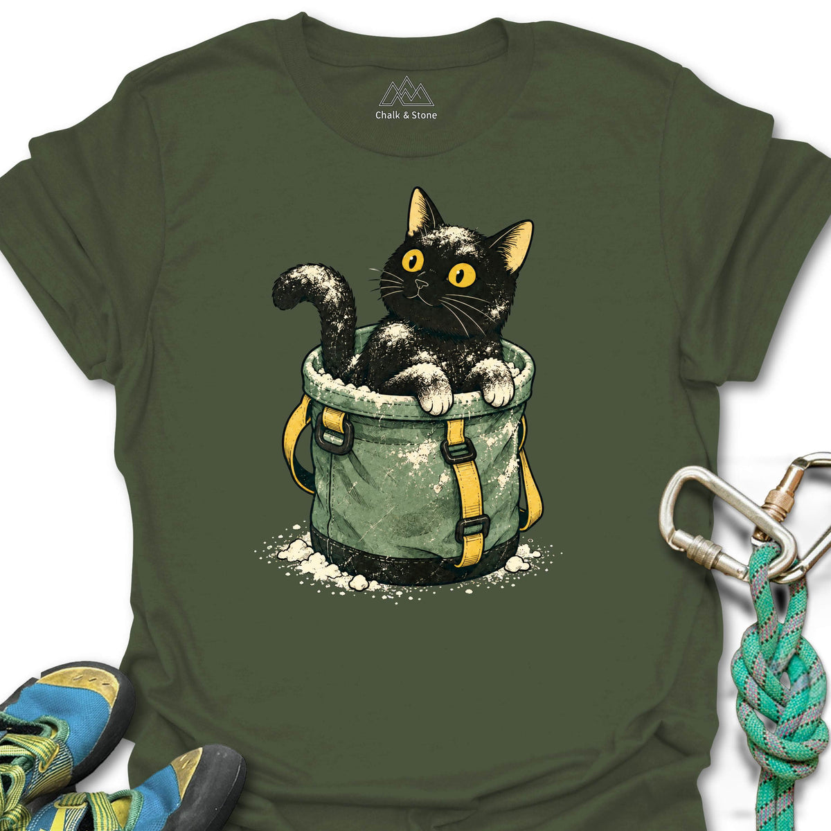 Chalk Bucket Cat Tee in Military Green — flat lay mockup