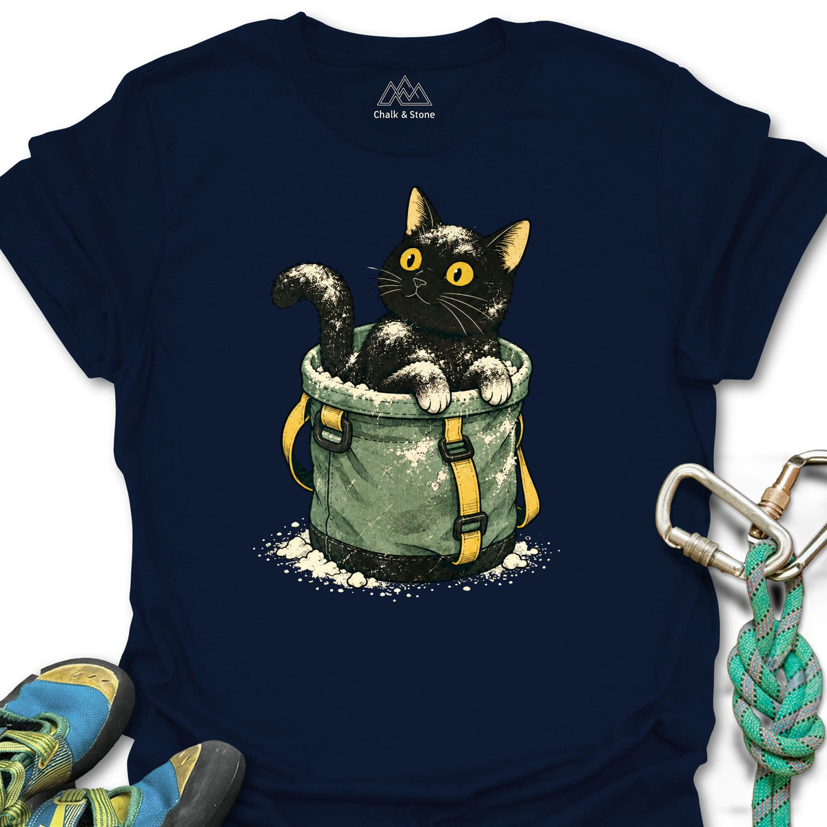 Chalk Bucket Cat Tee in Navy — flat lay mockup