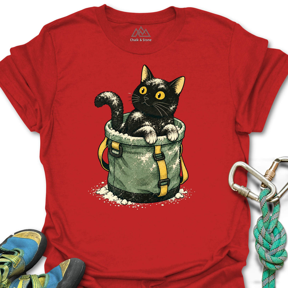 Chalk Bucket Cat Tee in Red — flat lay mockup