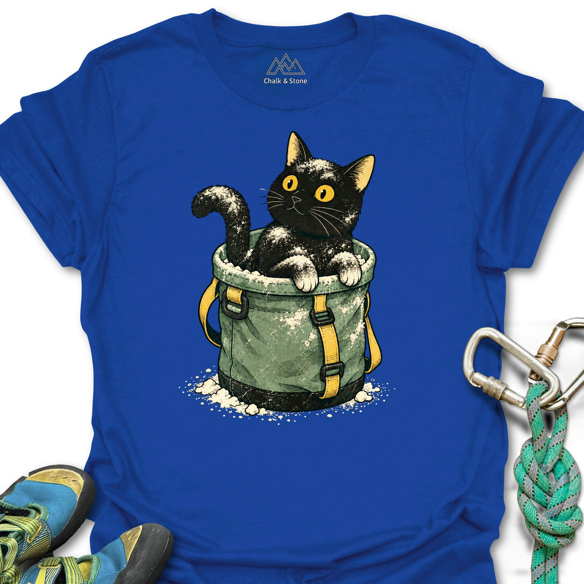 Chalk Bucket Cat Tee in Royal — flat lay mockup