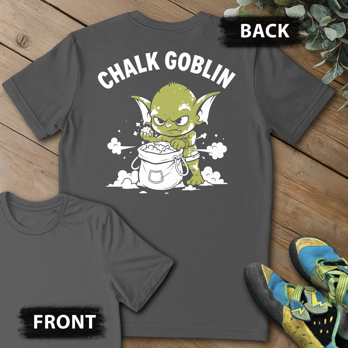 Chalk Goblin Backprint Tee in Charcoal — flat lay mockup