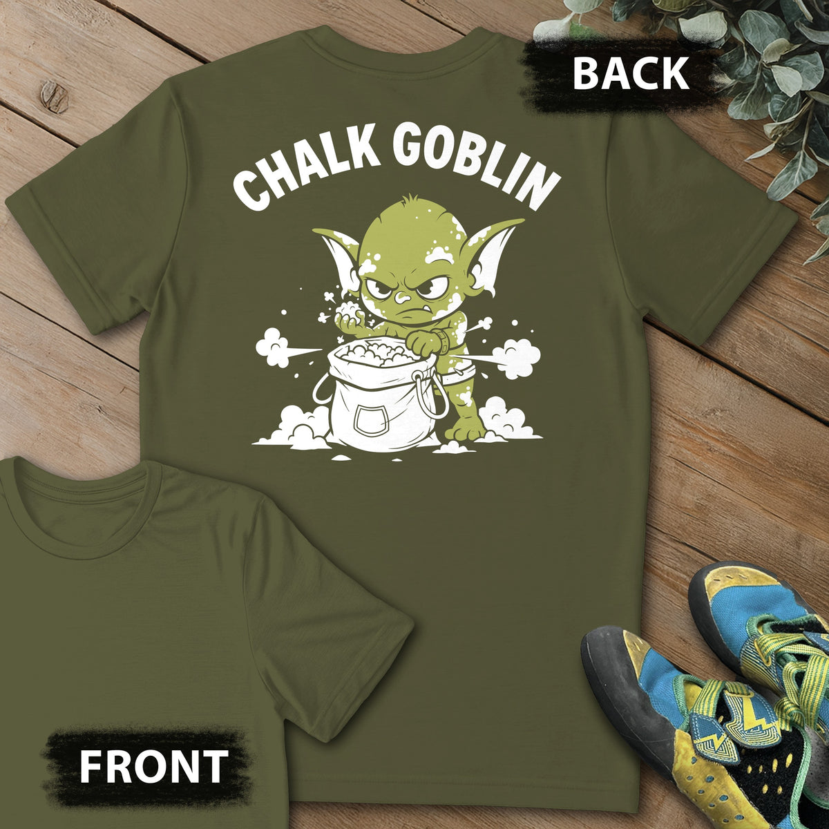 Chalk Goblin Backprint Tee in Military Green — flat lay mockup