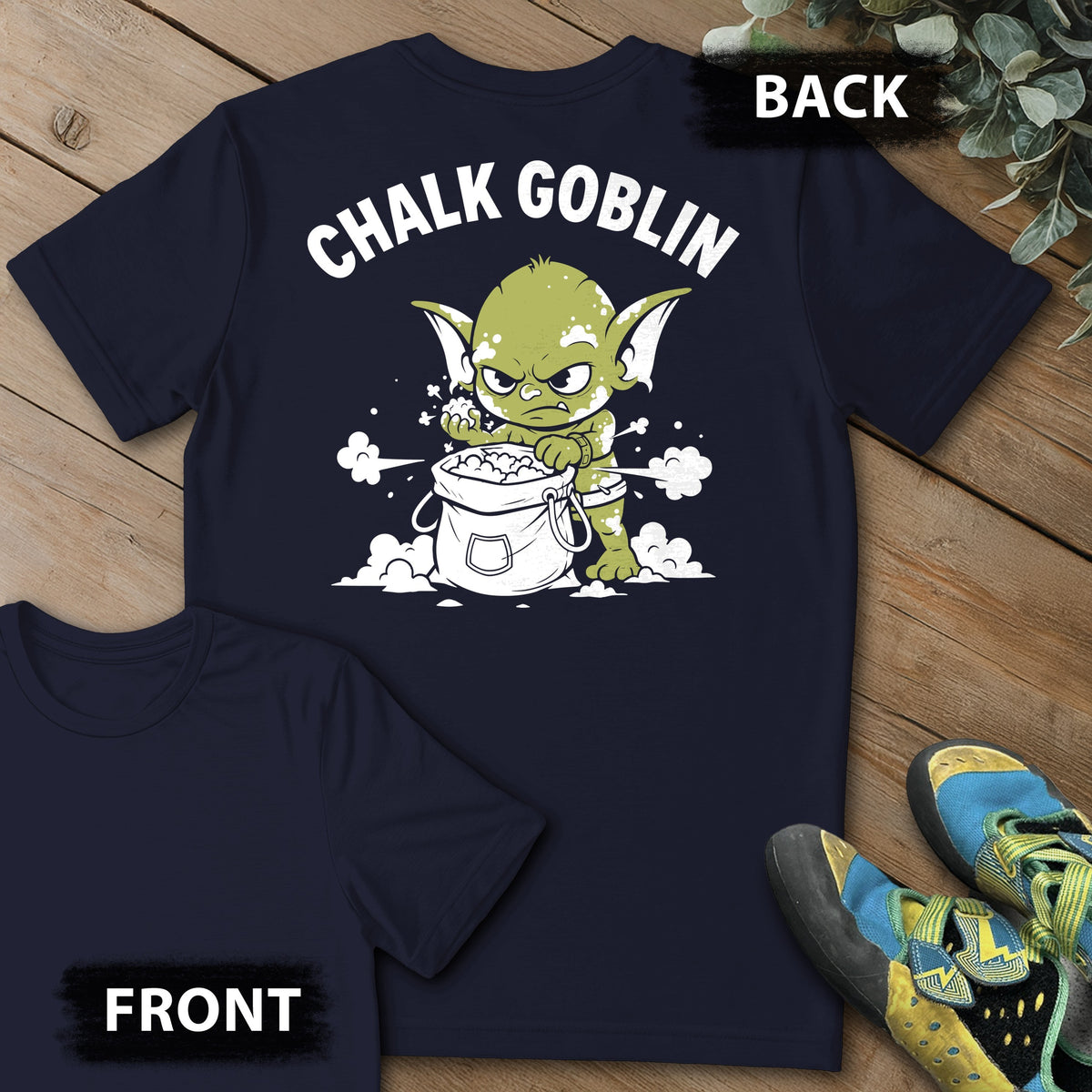 Chalk Goblin Backprint Tee in Navy — flat lay mockup