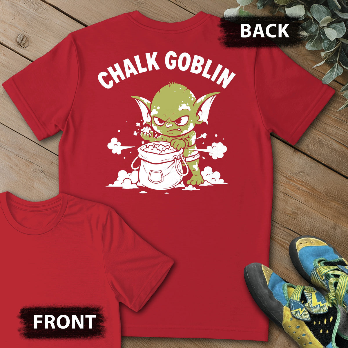 Chalk Goblin Backprint Tee in Red — flat lay mockup