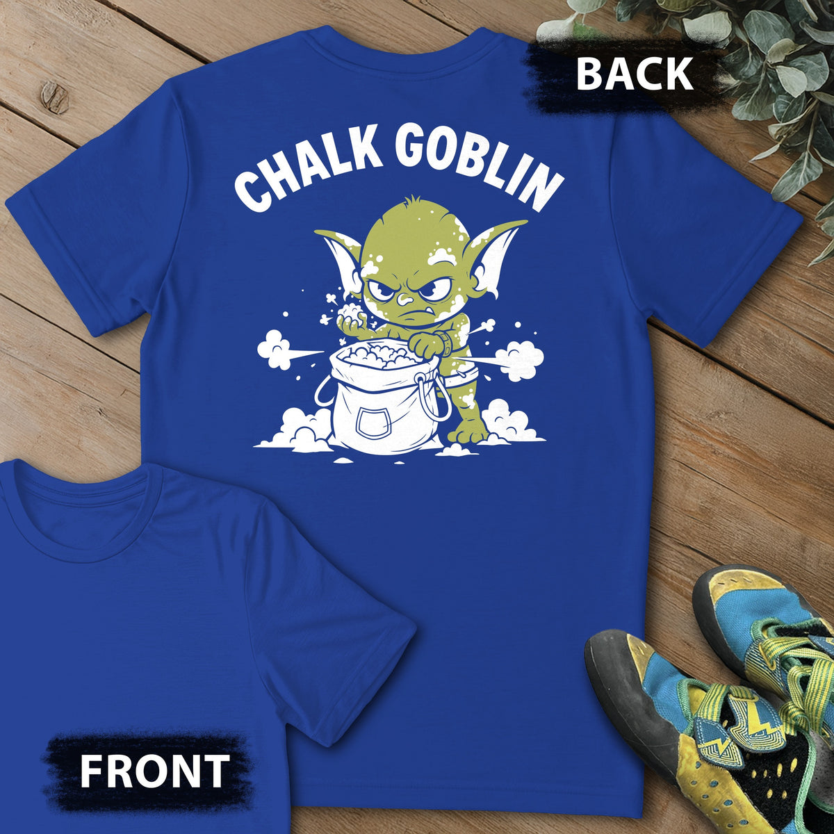 Chalk Goblin Backprint Tee in Royal — flat lay mockup