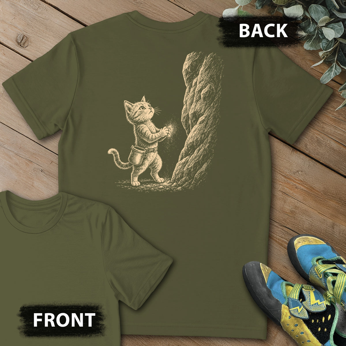 Chalked And Locked Backprint Tee in Military Green — flat lay mockup