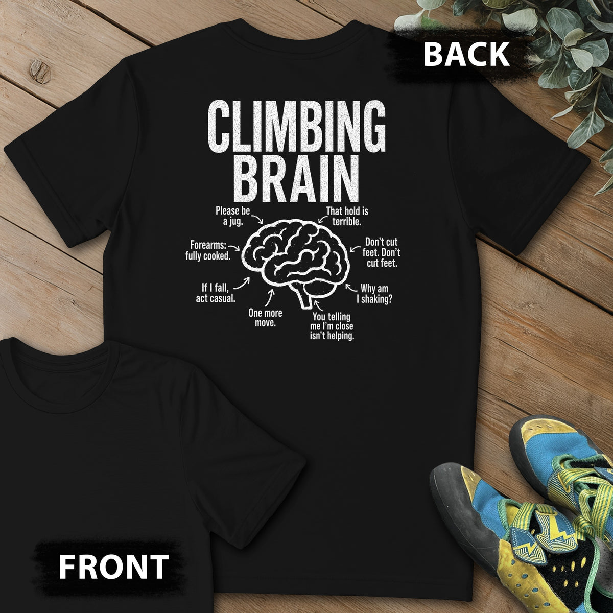 Climb Brain Backprint Tee in Black — flat lay mockup