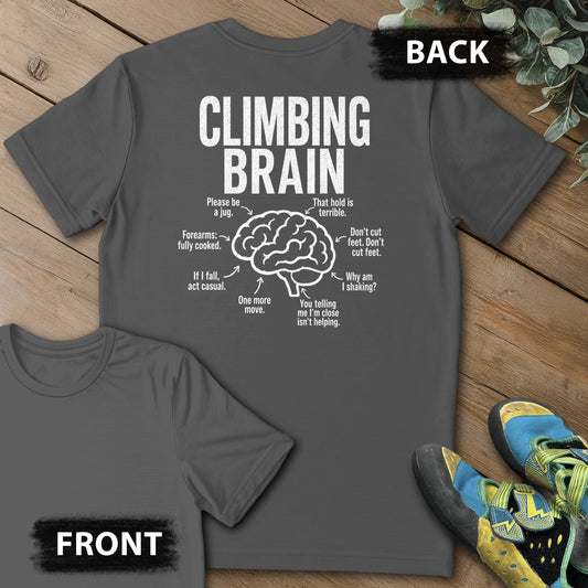 Climb Brain Backprint Tee in Charcoal — flat lay mockup
