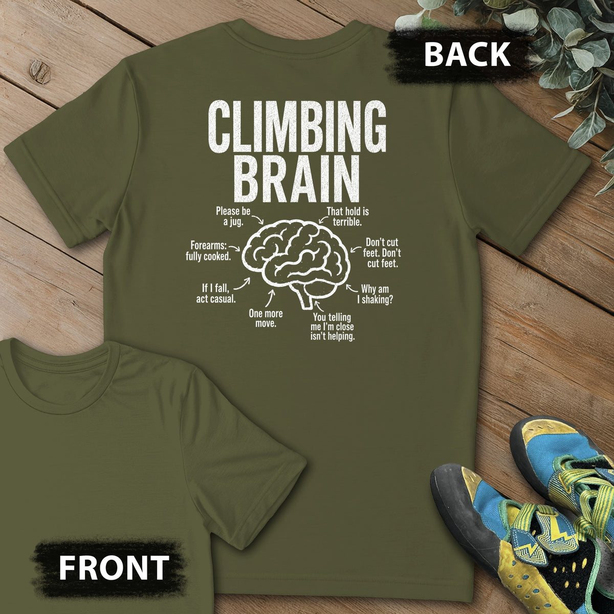 Climb Brain Backprint Tee in Military Green — flat lay mockup