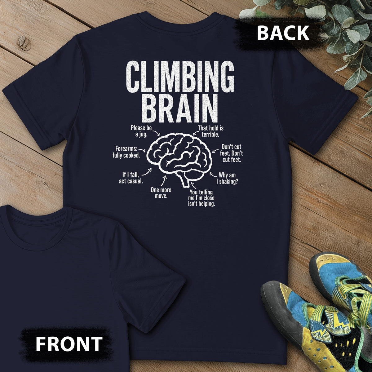 Climb Brain Backprint Tee in Navy — flat lay mockup