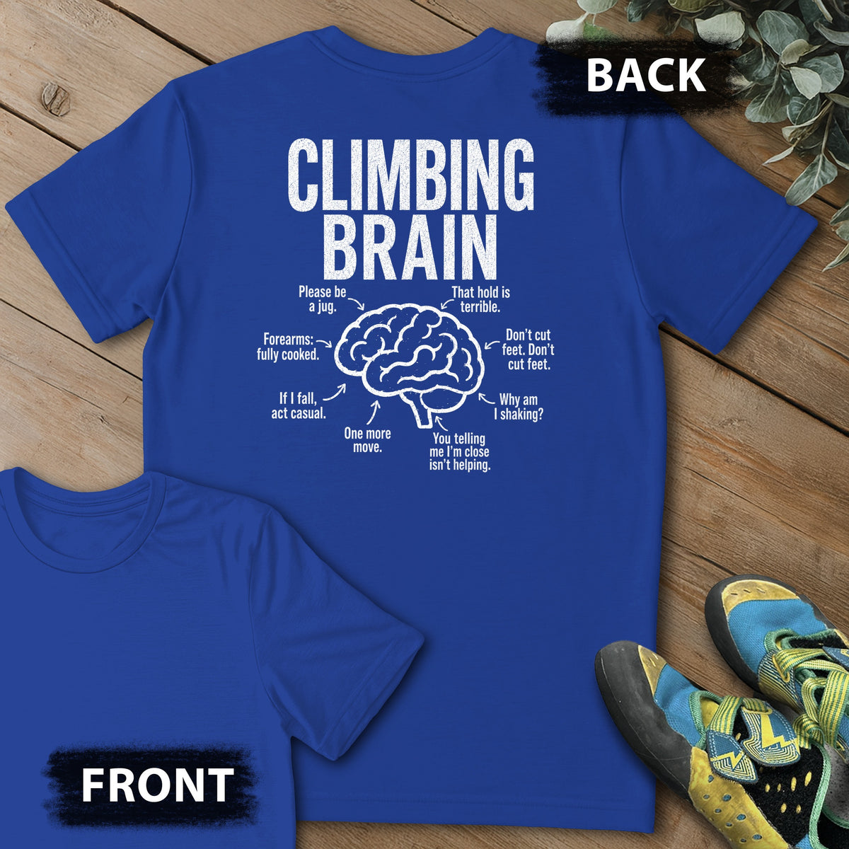 Climb Brain Backprint Tee in Royal — flat lay mockup