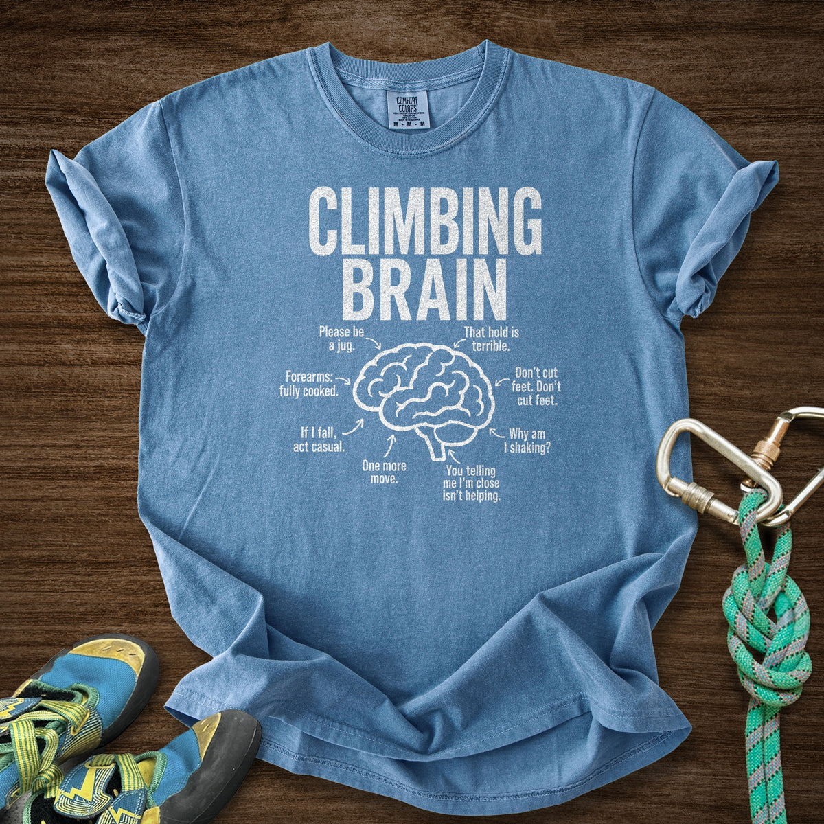 Climb Brain Premium in Blue Jean — flat lay mockup