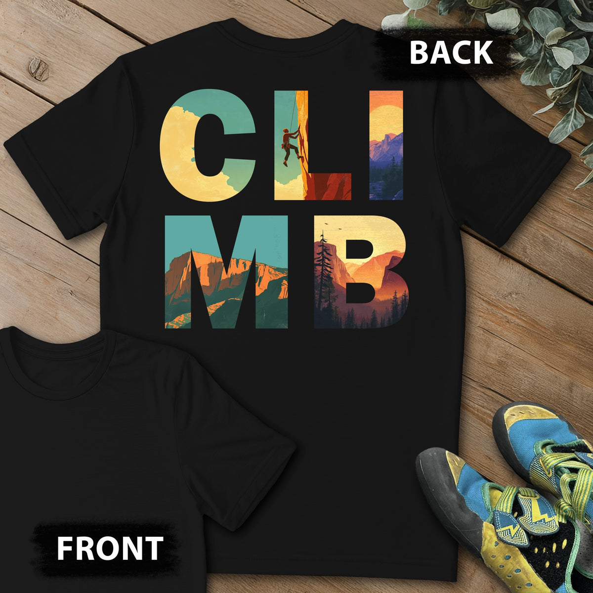 CLIMB Scenes Backprint Tee in Black — flat lay mockup