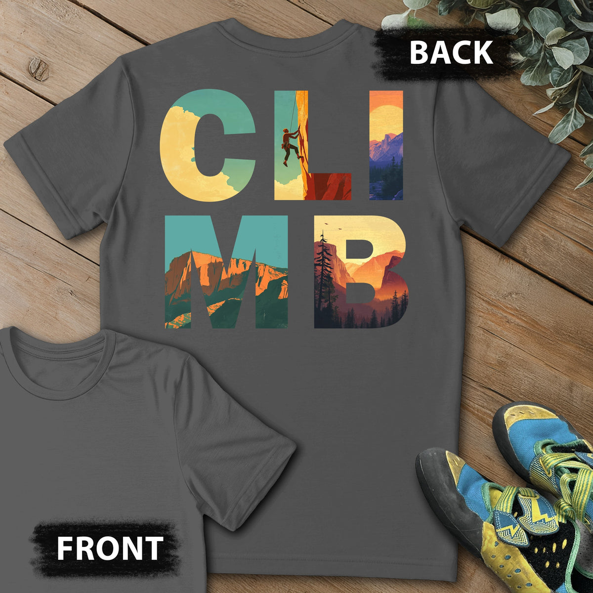 CLIMB Scenes Backprint Tee in Charcoal — flat lay mockup