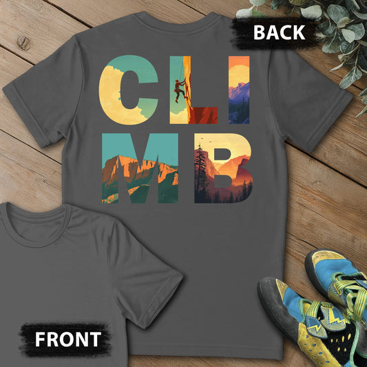 CLIMB Scenes Backprint Tee in Charcoal — flat lay mockup
