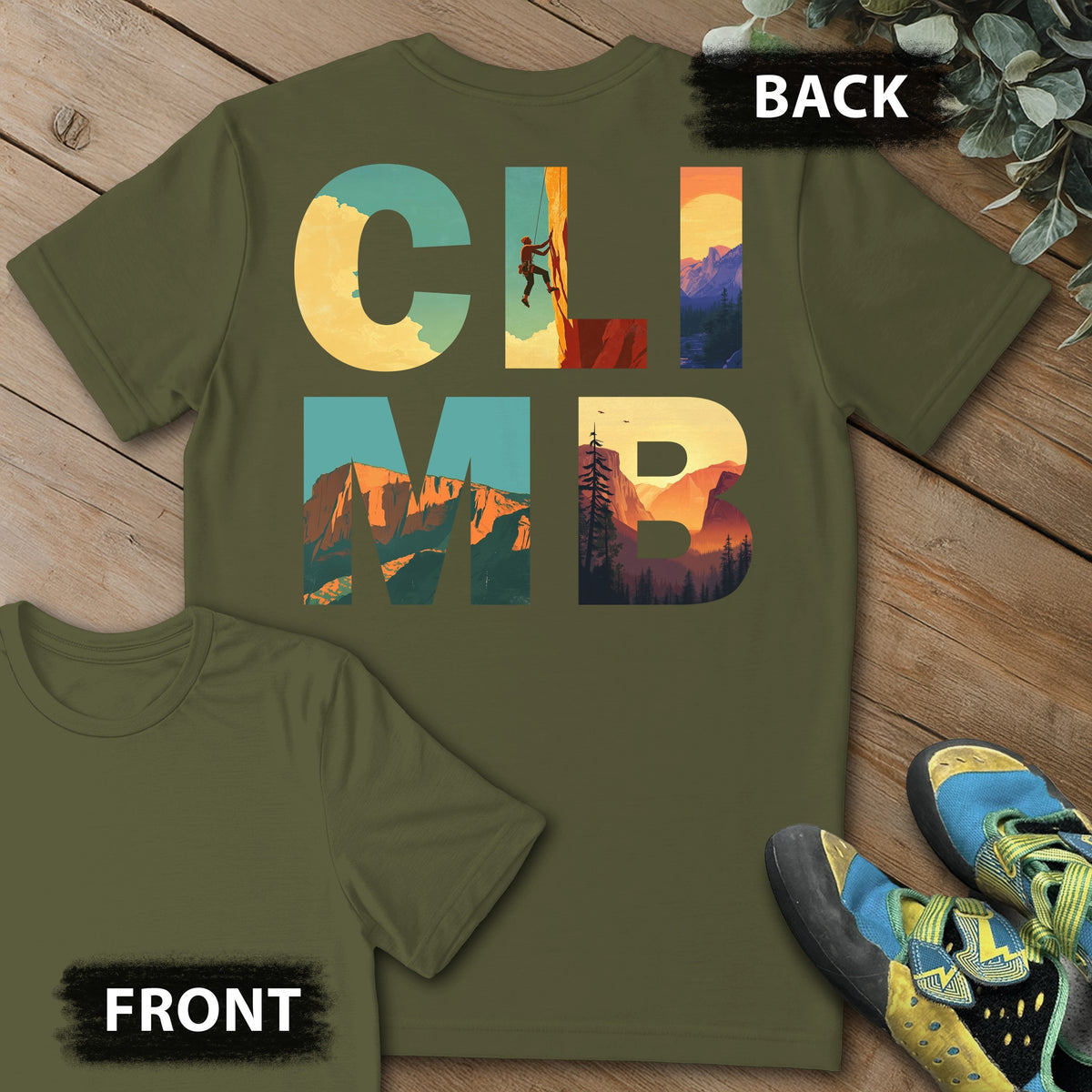 CLIMB Scenes Backprint Tee in Military Green — flat lay mockup