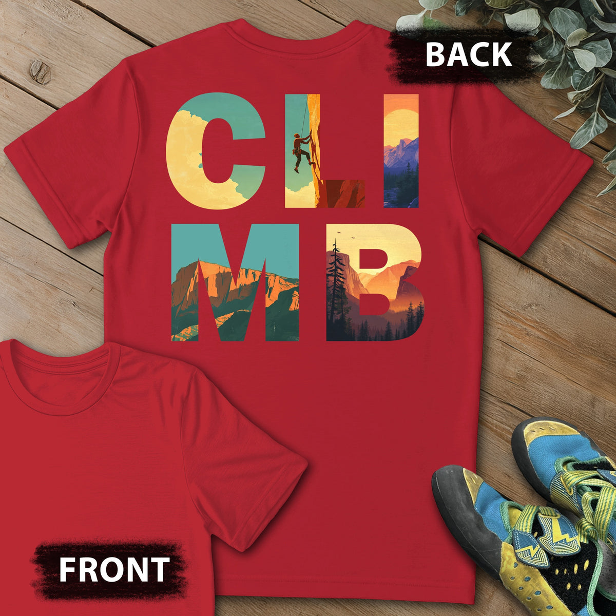 CLIMB Scenes Backprint Tee in Red — flat lay mockup