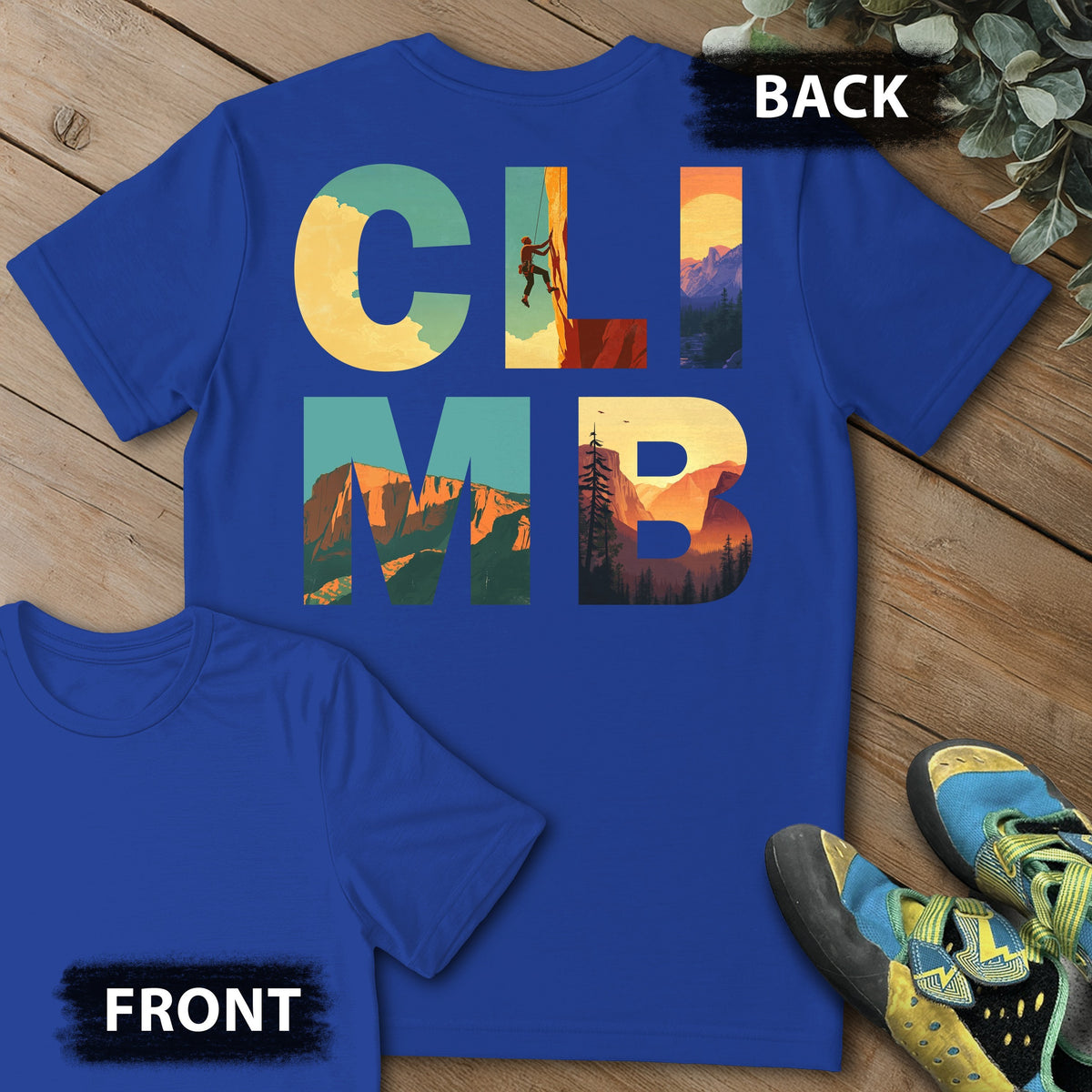 CLIMB Scenes Backprint Tee in Royal — flat lay mockup