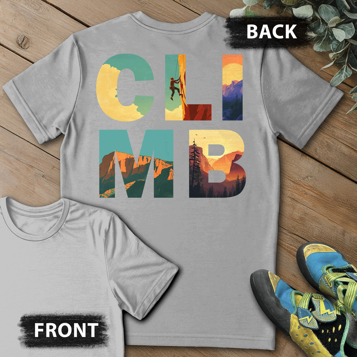 CLIMB Scenes Backprint Tee in Sport Grey — flat lay mockup