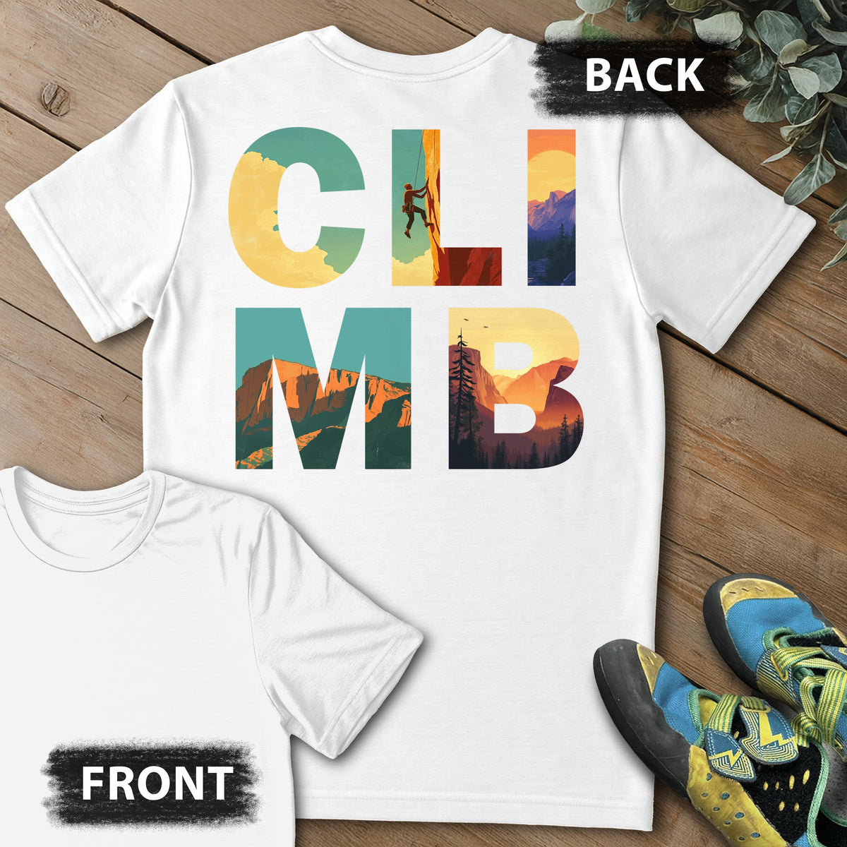 CLIMB Scenes Backprint Tee in White — flat lay mockup