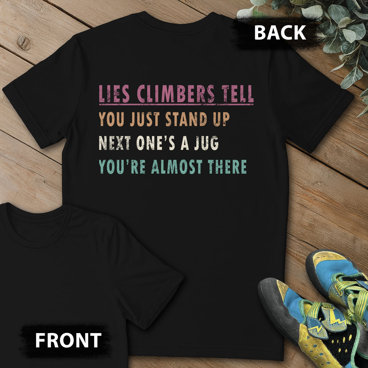 Climber Lies Backprint Tee in Black — flat lay mockup