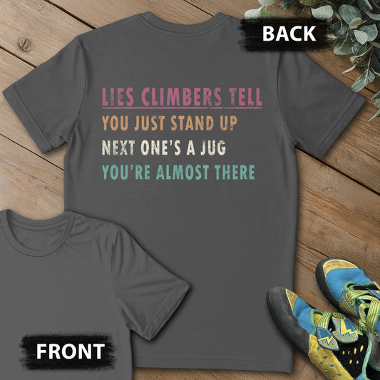 Climber Lies Backprint Tee in Charcoal — flat lay mockup