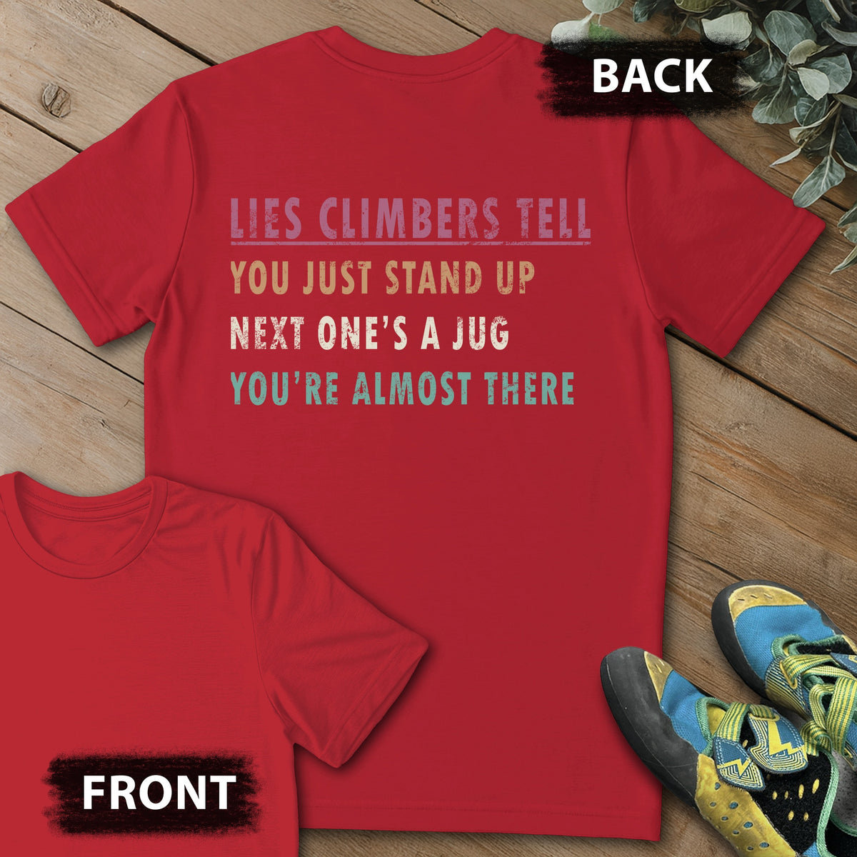 Climber Lies Backprint Tee in Red — flat lay mockup
