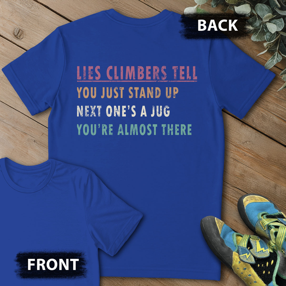 Climber Lies Backprint Tee in Royal — flat lay mockup