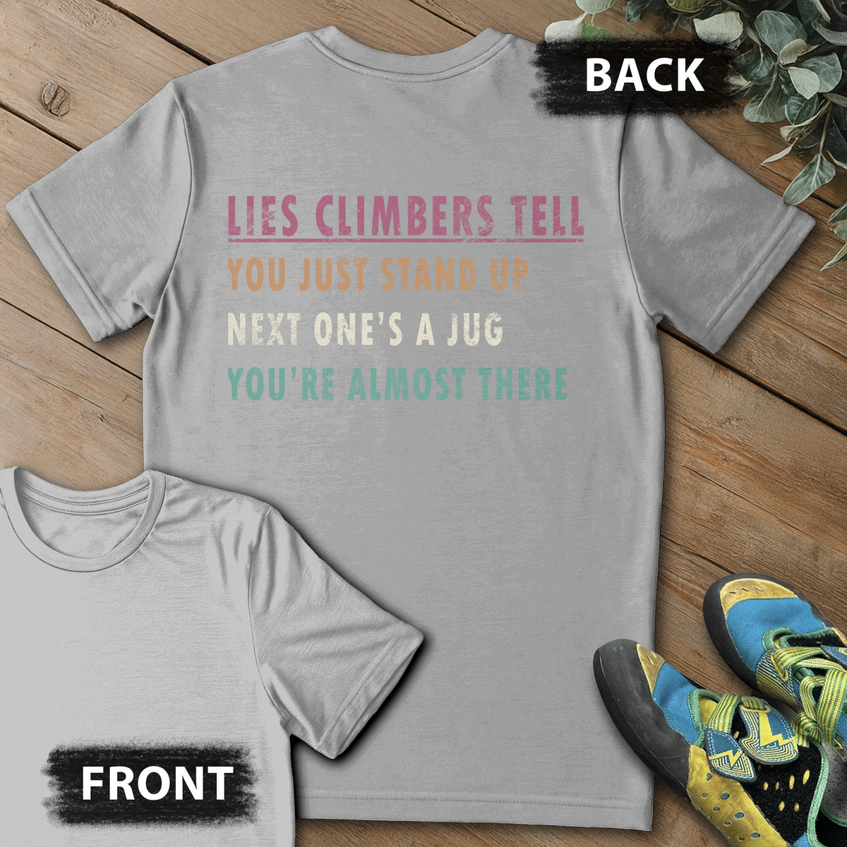 Climber Lies Backprint Tee in Sport Grey — flat lay mockup