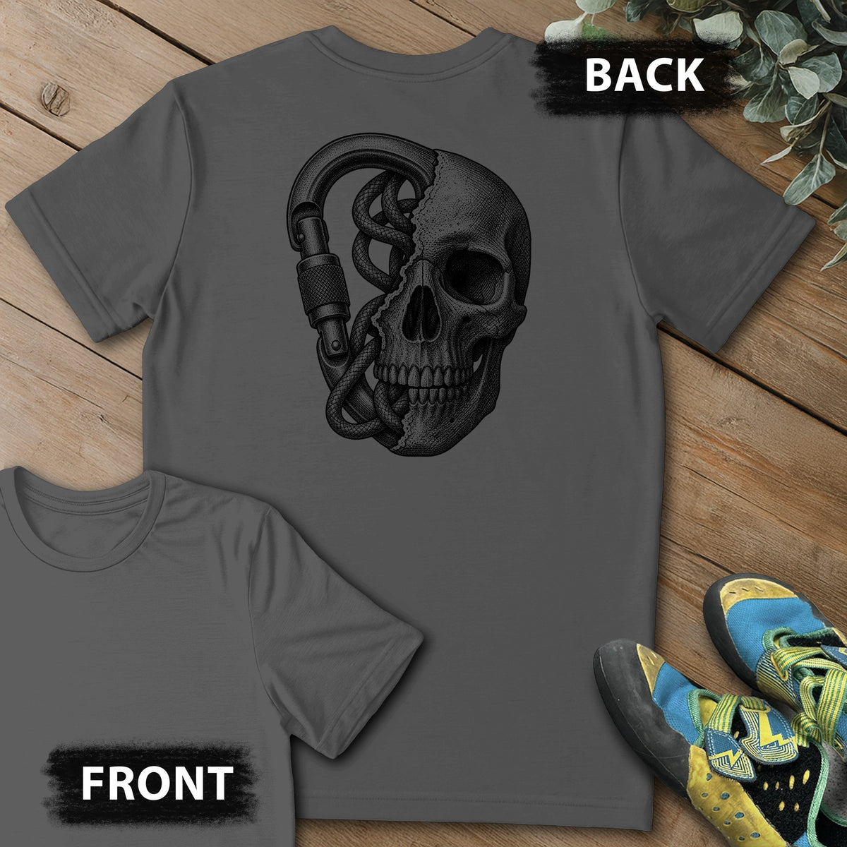 Climbing On My Mind Backprint Tee in Charcoal — flat lay mockup