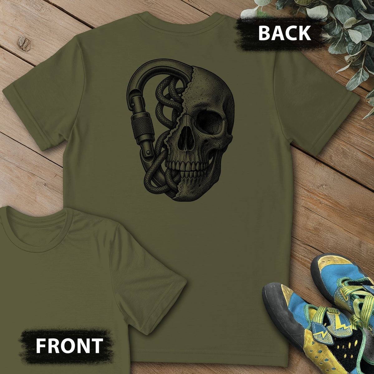 Climbing On My Mind Backprint Tee in Military Green — flat lay mockup
