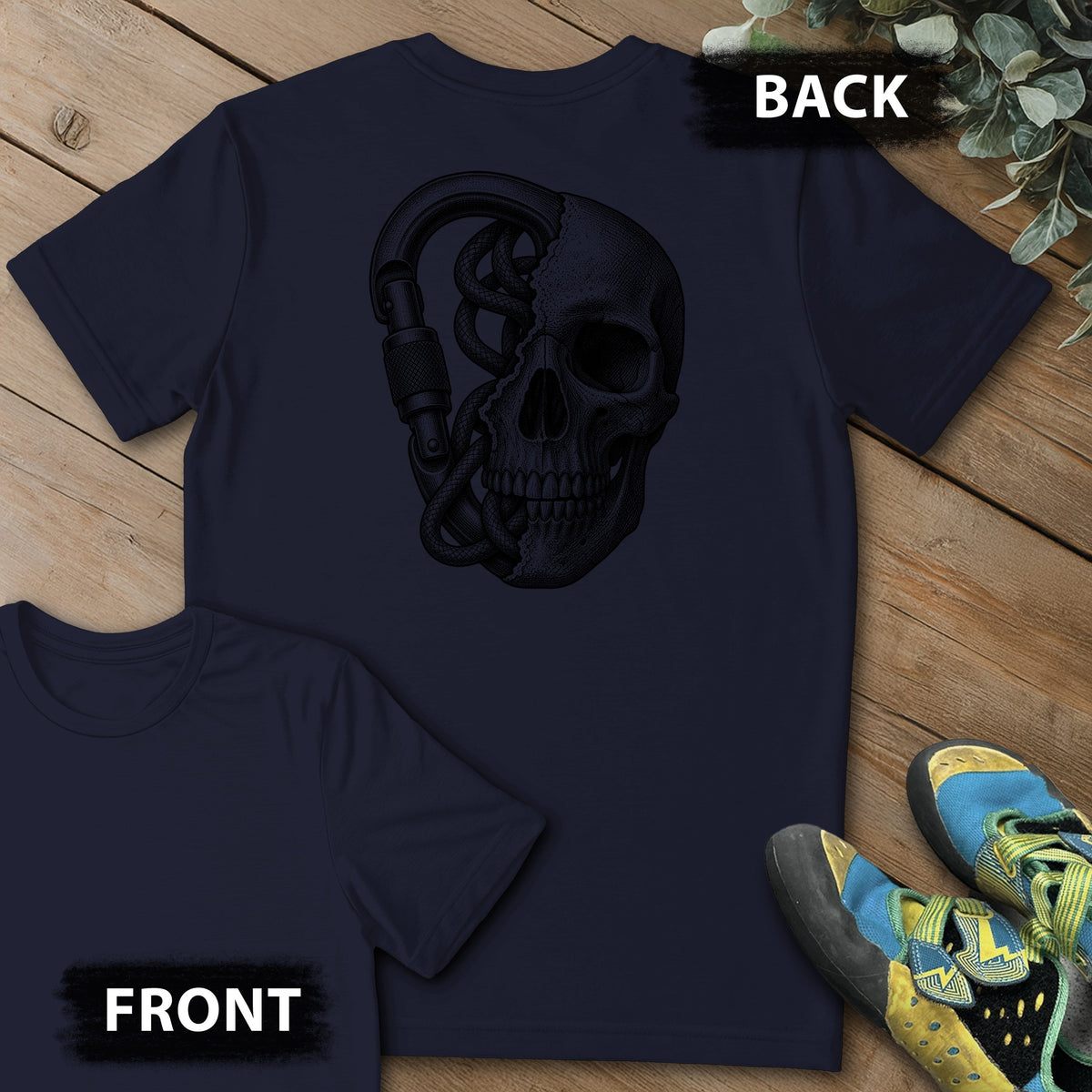 Climbing On My Mind Backprint Tee in Navy — flat lay mockup